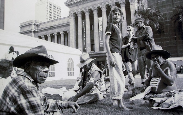 PHOTO: Jo-Anne Driessens. "William Sandy, Paddy Carroll, Dicky Brown, Alice Eather, Michael Nelson, and Two Bob Jungari at the Dar Festival King George Square, Brisbane, 1998"