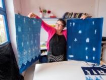 Steph Bolt with some of her full sheet prints at the Skopelos Workshop Photo Doug Spowart